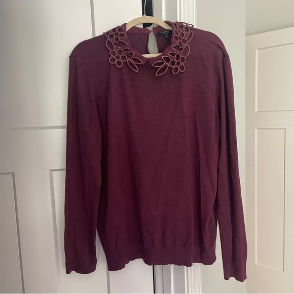 Ted Baker Burgundy Red Crewneck Lace Sweater Red Azaleo Embellished Collar Knit - Picture 2 of 4